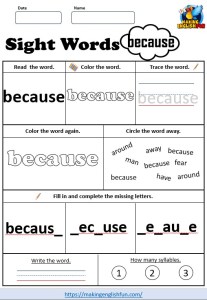 FREE Printable Grade 2 Sight Word Worksheet – “Because”Making English Fun