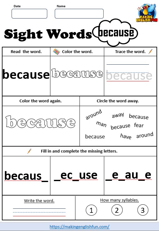 FREE Printable Grade 2 Sight Word Worksheet – “Because”