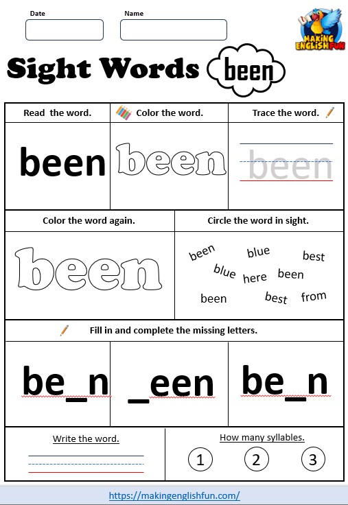 FREE Printable Grade 2 Sight Word Worksheet – “Been”