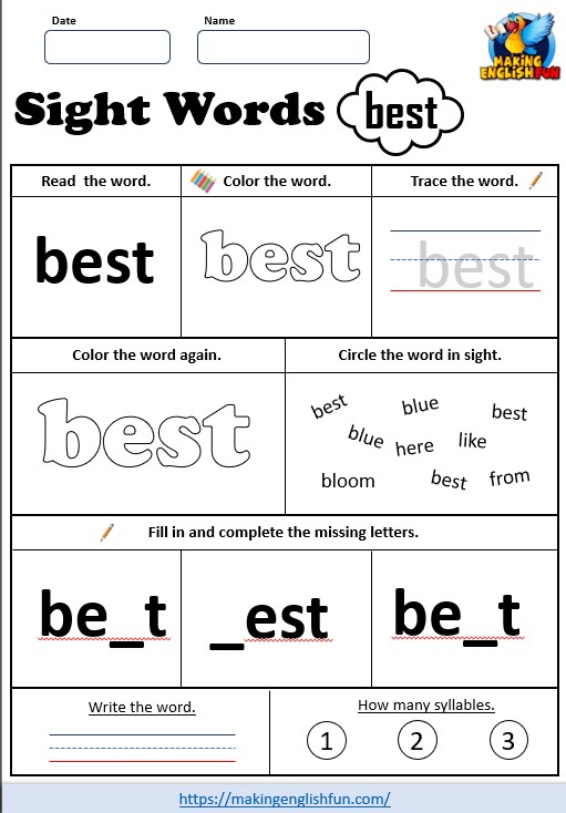 FREE Printable Grade 2 Sight Word Worksheet – “Best”