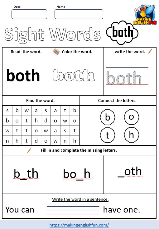 FREE Printable Grade 2 Sight Word Worksheet – “Both”