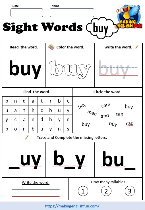FREE Printable Grade 2 Sight Word Worksheet – “Buy”