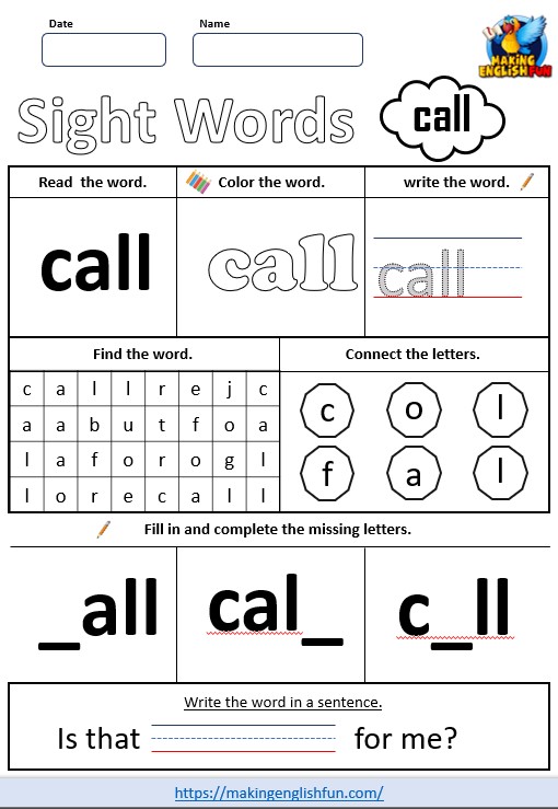 FREE Printable Grade 2 Sight Word Worksheet – “Call”