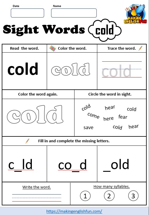 FREE Printable Grade 2 Sight Word Worksheet – “Cold”