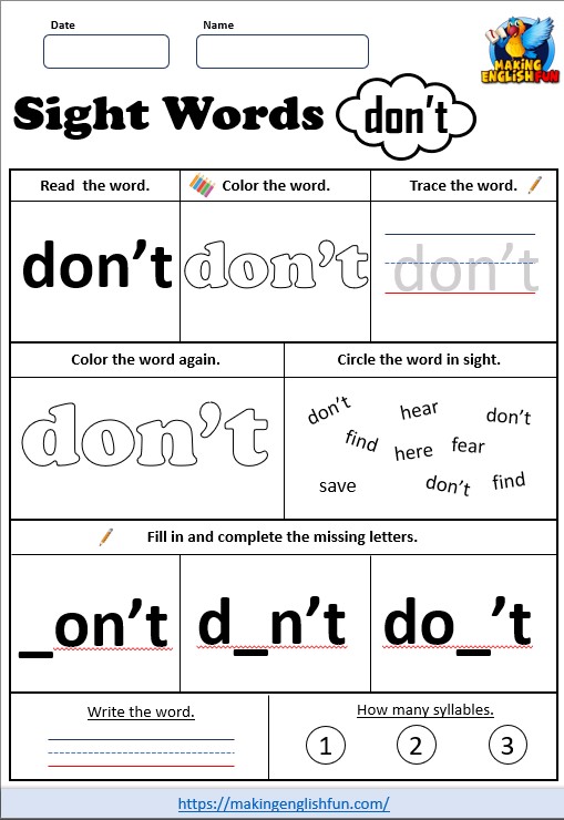 FREE Printable Grade 2 Sight Word Worksheet – “Don’t”
