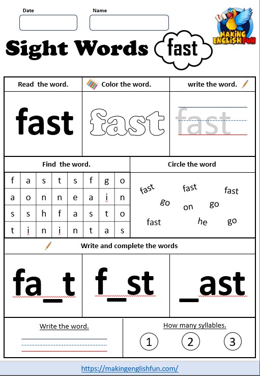 FREE Printable Grade 2 Sight Word Worksheet – “Fast”