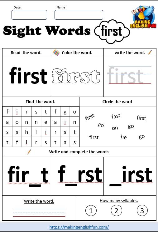 FREE Printable Grade 2 Sight Word Worksheet – “First”