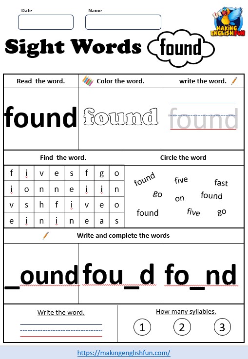 FREE Printable Grade 2 Sight Word Worksheet – “Found”