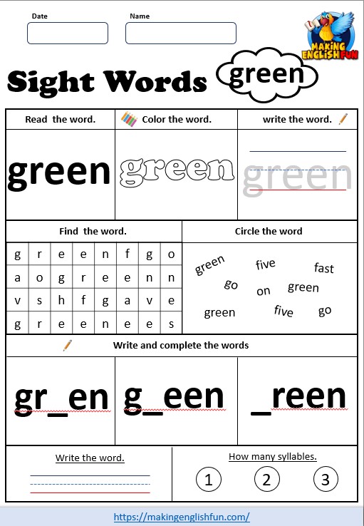 FREE Printable Grade 2 Sight Word Worksheet – “Green”