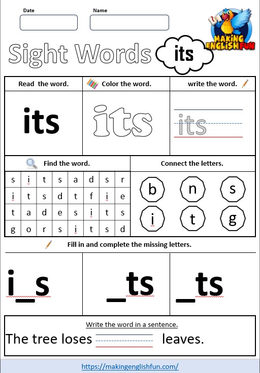 FREE Printable Grade 2 Sight Word Worksheet – “Its”