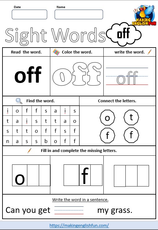 FREE Printable Grade 2 Sight Word Worksheet – “Off”