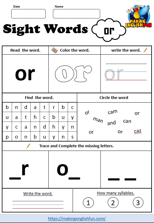 FREE Printable Grade 2 Sight Word Worksheet – “Or”