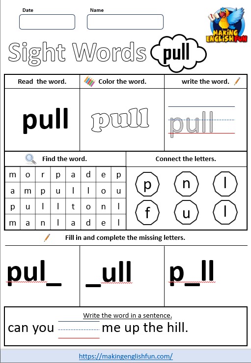 FREE Printable Grade 2 Sight Word Worksheet – “Pull”