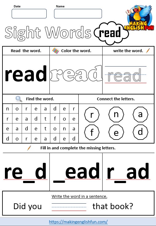 FREE Printable Grade 2 Sight Word Worksheet – “Read”