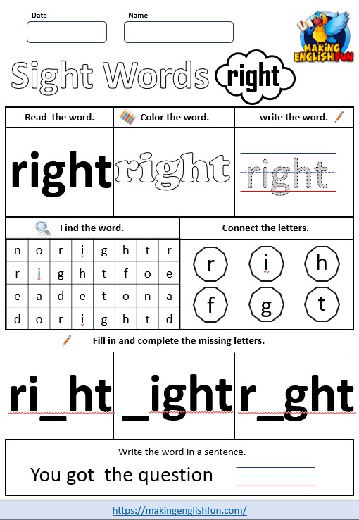 FREE Printable Grade 2 Sight Word Worksheet – “Right”