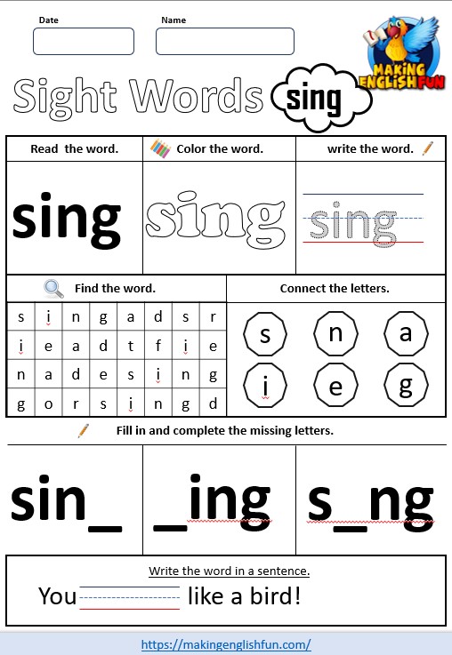 FREE Printable Grade 2 Sight Word Worksheet – “Sing”