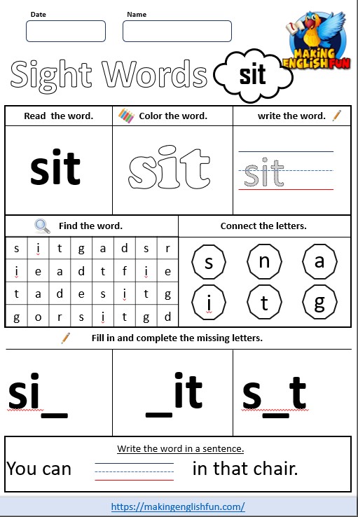 FREE Printable Grade 2 Sight Word Worksheet – “Sit”
