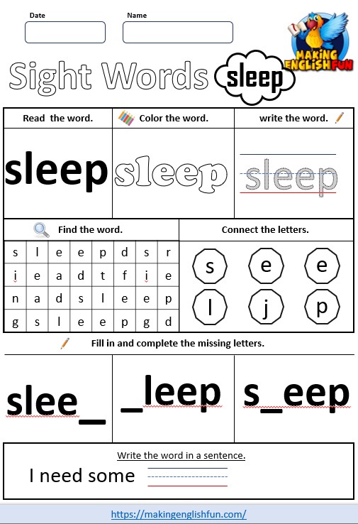 FREE Printable Grade 2 Sight Word Worksheet – “Sleep”