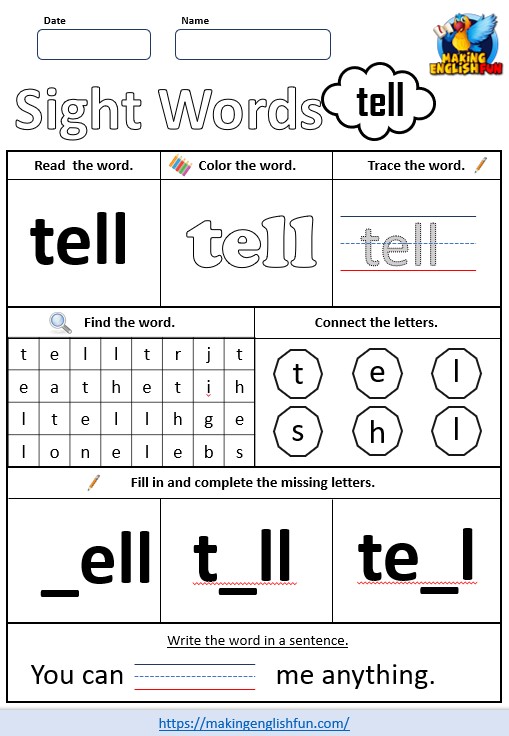 FREE Printable Grade 2 Sight Word Worksheet – “Tell”