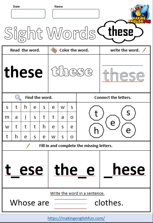FREE Printable Grade 2 Sight Word Worksheet – “These”