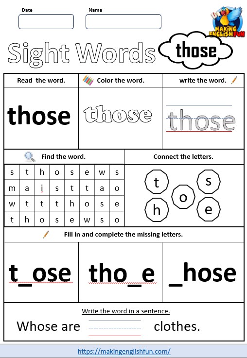 FREE Printable Grade 2 Sight Word Worksheet – “Those”