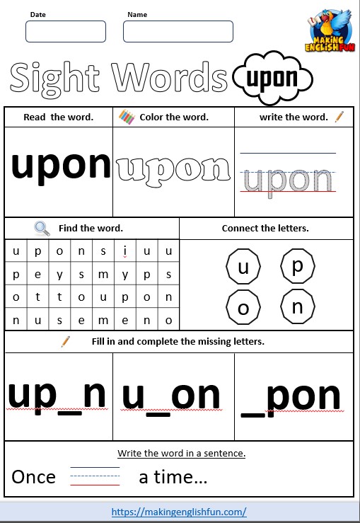 free printable dolch sight words worksheet - upon