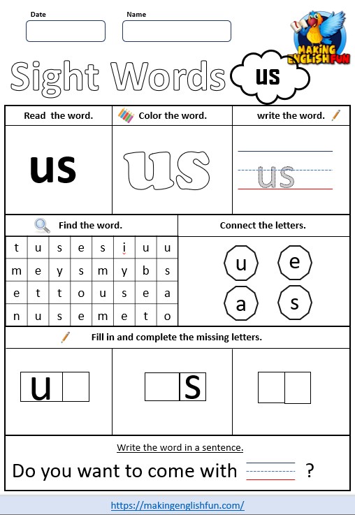 FREE Printable Grade 2 Sight Word Worksheet – “Us”