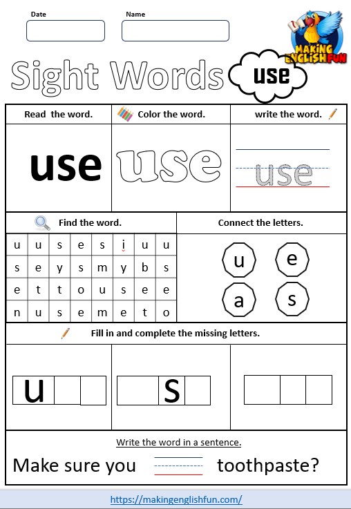 FREE Printable Grade 2 Sight Word Worksheet – “Use”