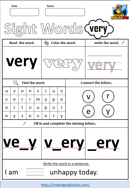 free printable dolch sight words worksheet - very