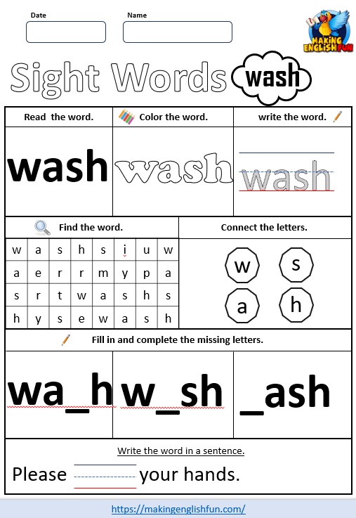 FREE Printable Grade 2 Sight Word Worksheet – “Wash”