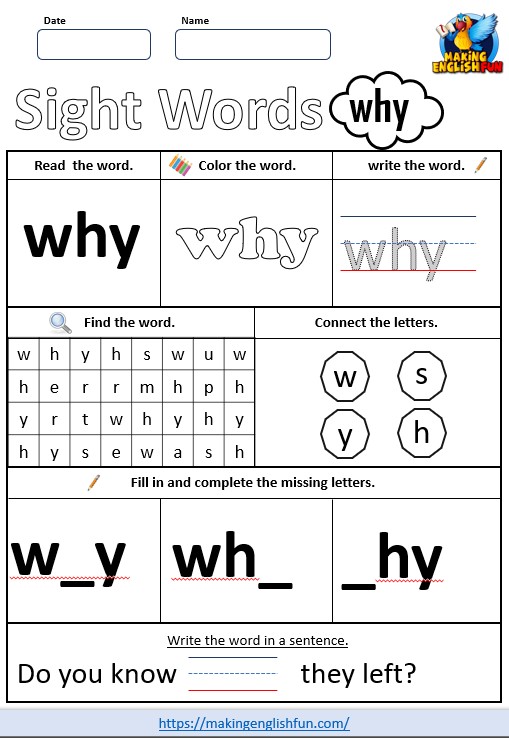 FREE Printable Grade 2 Sight Word Worksheet – “Why”