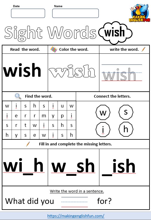 FREE Printable Grade 2 Sight Word Worksheet – “Wish”