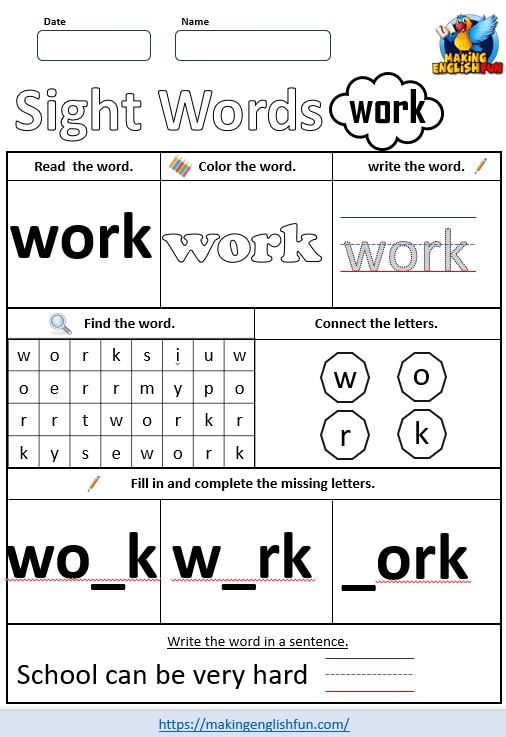 FREE Printable Grade 2 Sight Word Worksheet – “Work”