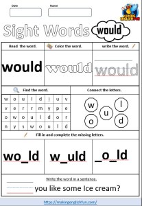 FREE Printable Grade 2 Sight Word Worksheet – “Would”Making English Fun