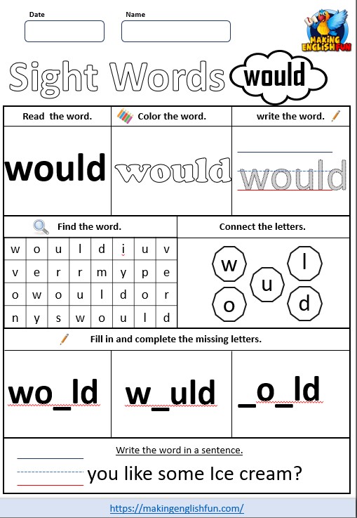 FREE Printable Grade 2 Sight Word Worksheet – “Would”