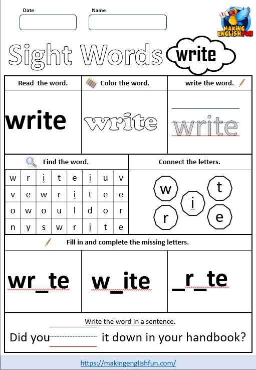 FREE Printable Grade 2 Sight Word Worksheet – “Write”
