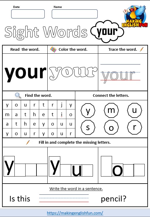 FREE Printable Grade 2 Sight Word Worksheet – “Your”