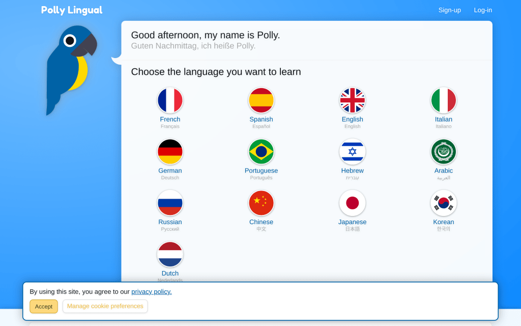 A user interface for a language learning platform named Polly Lingual, displaying options to choose from various languages including French, Spanish, English, Italian, German, Portuguese, Hebrew, Arabic, Russian, Chinese, Japanese, and Korean.