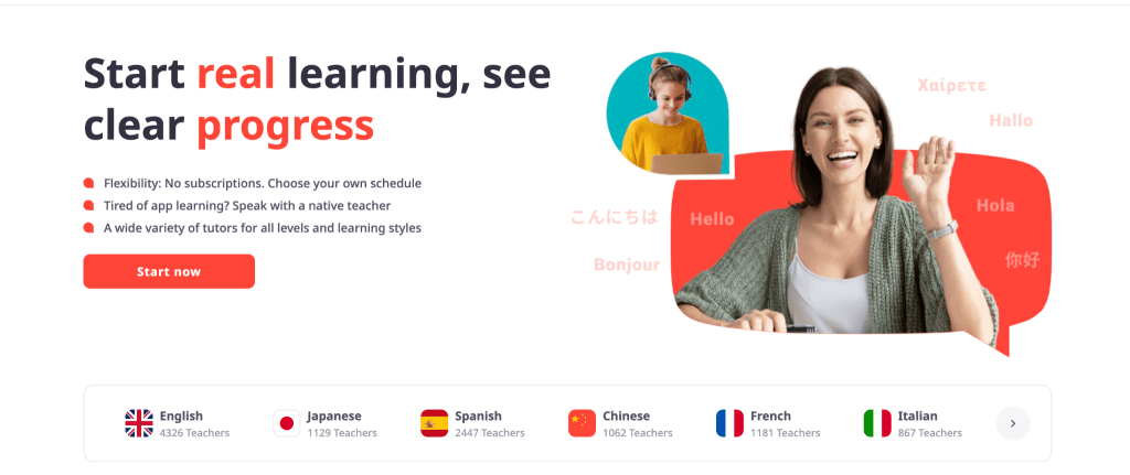 Promotional image for an online language learning platform, showcasing various language options and highlighting flexible scheduling and native tutors.